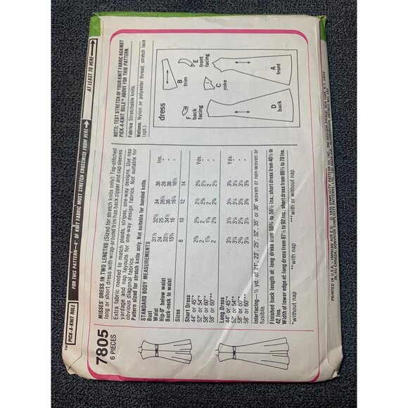 Simplicity 7805 Womens Vintage Sewing Pattern Dress Size 8 1970s - Picture 2 of 2